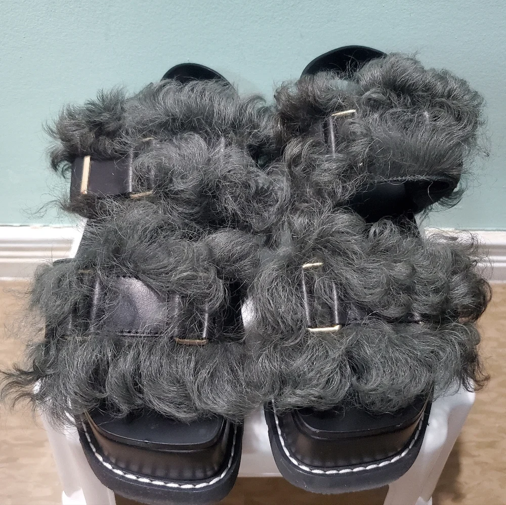 VERSACE Leather Fur Shearling Green Black Platform Clog Sandals Heels sz 41 - Picture 4 of 9